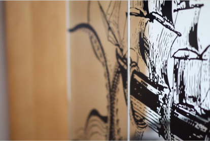 Window with ship drawing